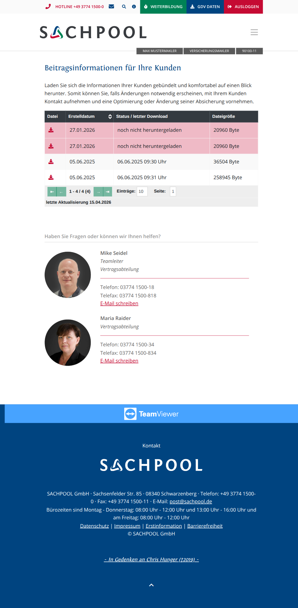Beitragsinformationen: Liste der Nachbearbeitungs-PDFs mit Erstelldatum und Downloadstatus