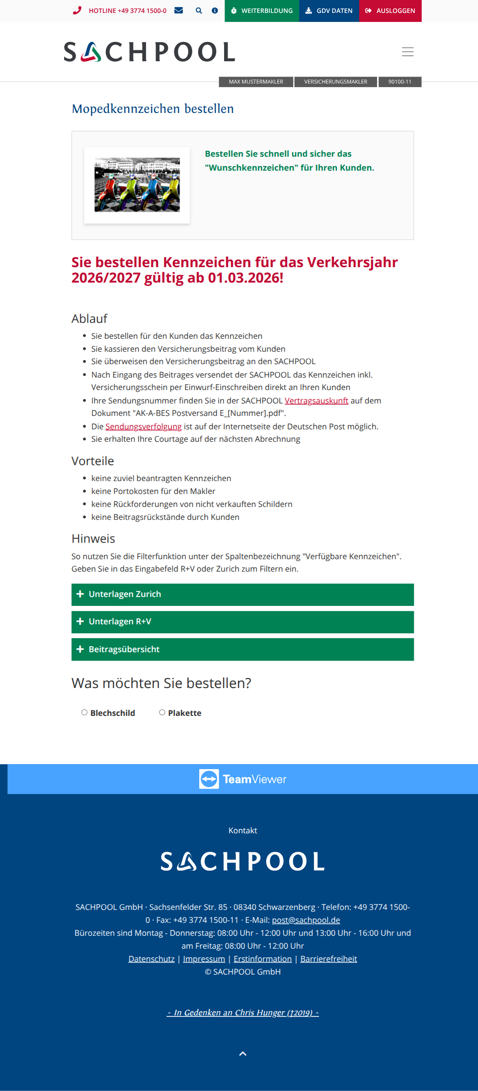 Mopedkennzeichen-Bestellung: Infoseite mit Ablauf, Vorteilen und Auswahl Blechschild/Plakette